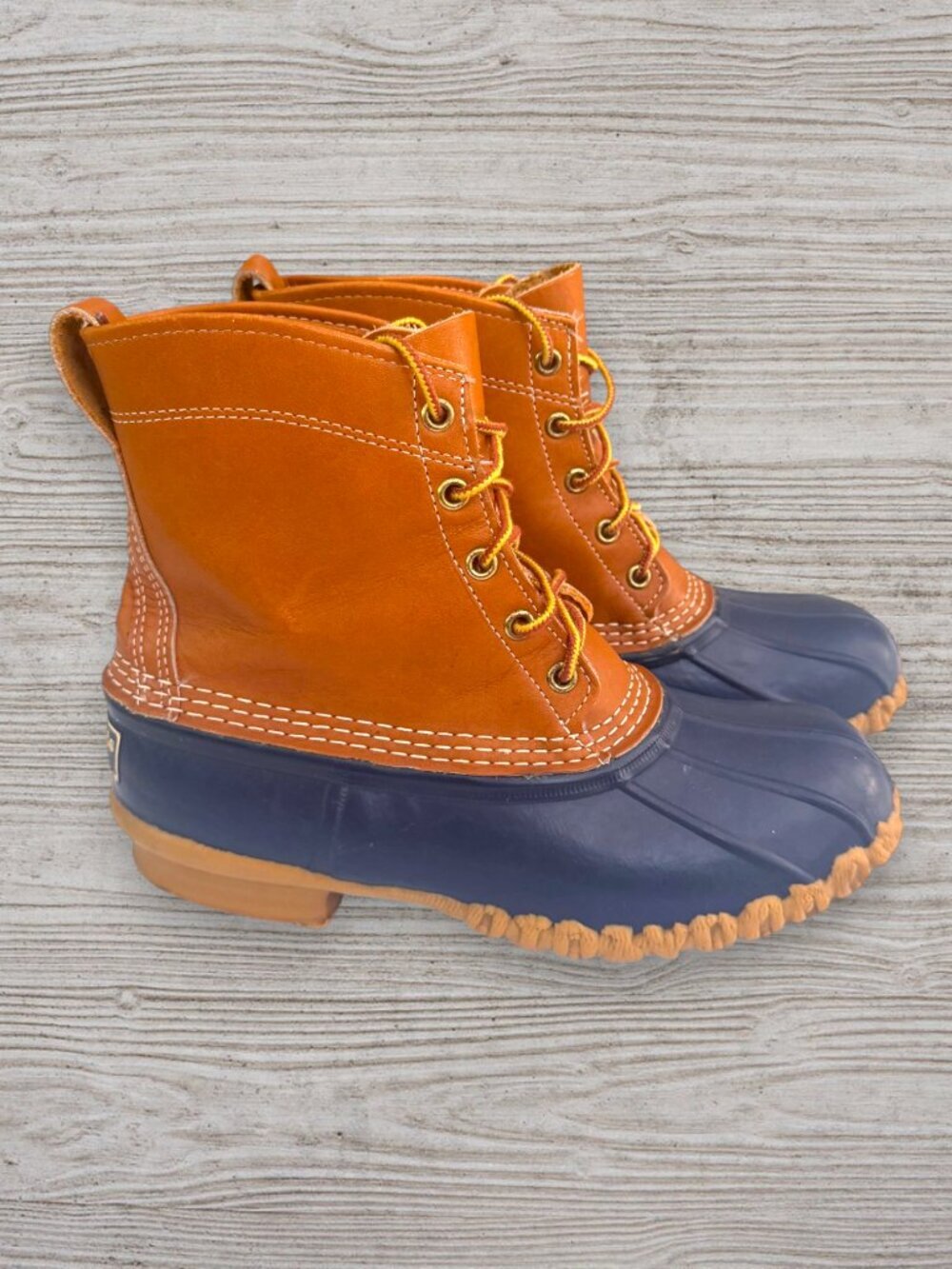 Vintage 80s LLBean Bean Boots Navy Tan Leather Waterproof Made in USA Women’s 8